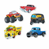 Colorful precut edible wafer toppers shaped like cartoon vehicles from Bakeyy.com