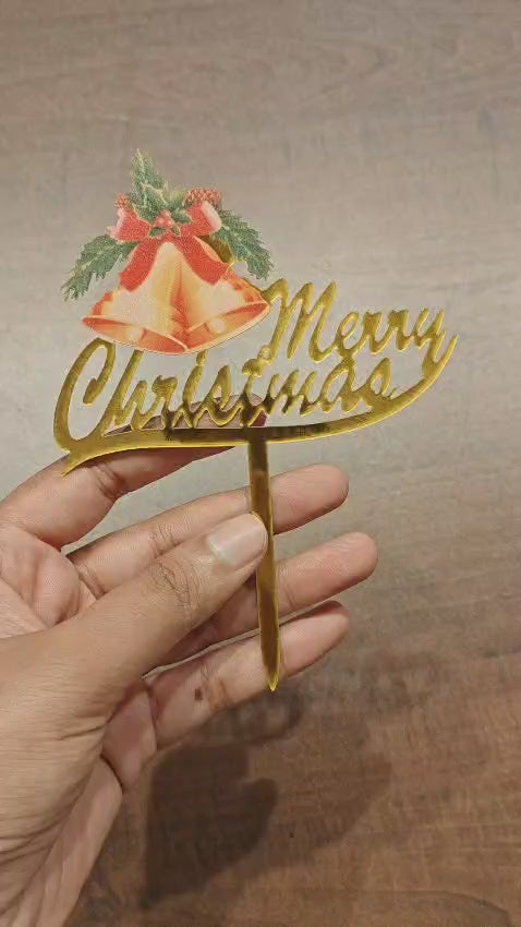 Merry Christmas with Golden Bells Cake Topper | Golden Color | Christmas Decor | Pack of 5