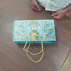 Blue Floral MDF Hamper Box with 3 Glass Jars | Pack of 1