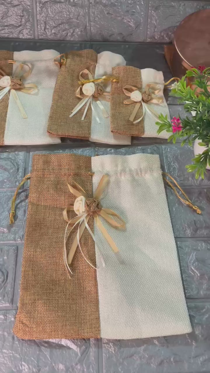 20x24cm| Brown & Cream Jute Potli Bag with Floral Accent | Traditional Potli Bag | Wedding Favor Bag | Jewelry Pouch | Floral Accent Gift Bag | Pack of 10