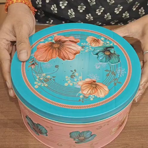 Peach & Aqua Floral Metal Tin Box | Pack of 1