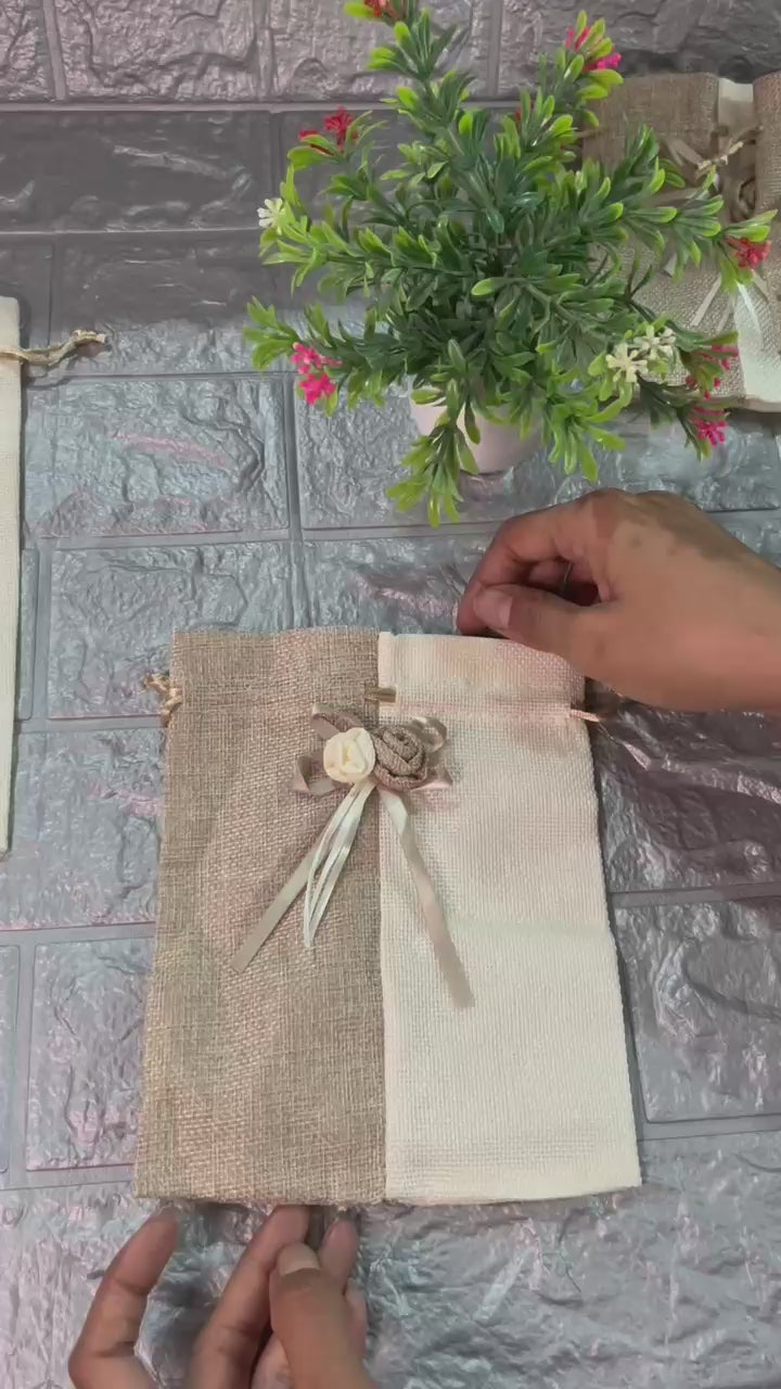 15x20cm| Natural & Cream Jute Potli Bag with Floral Accent | Traditional Potli Bag | Wedding Favor Bag | Jewelry Pouch | Floral Accent Gift Bag | Pack of 10