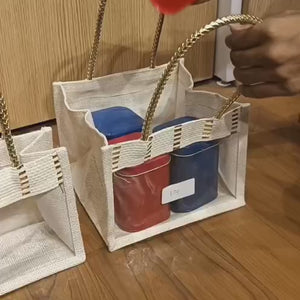 Cream Ethnic Jute Gift Bag with Transparent Front Window & Golden Handles | 2 Sizes Available | Pack of 1
