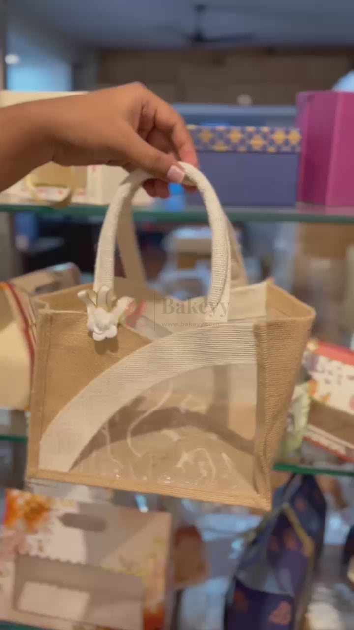 21x21x15 CM | Beige & Cream 4 Jar Ethnic Jute Gift Bag with Window & Handle – 1 Piece