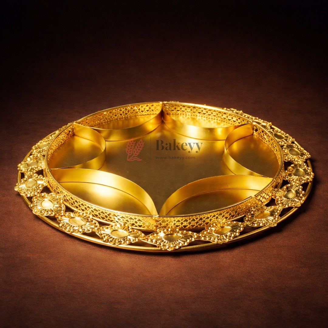 • Premium rose gold plated finish with rich shine
• 5 divided compartments for organized serving
• Heavy, sturdy metal construction for durability
• Intricate embossed floral border design for a royal look
• Large 37.5 cm size for generous serving capacity
• Perfect for dry fruits, sweets, chocolates, snacks, and gifting setups
• Ideal for festive décor, weddings, parties, and hampers• Premium rose gold plated finish with rich shine
• 5 divided compartments for organized serving
• Heavy, sturdy metal constr
