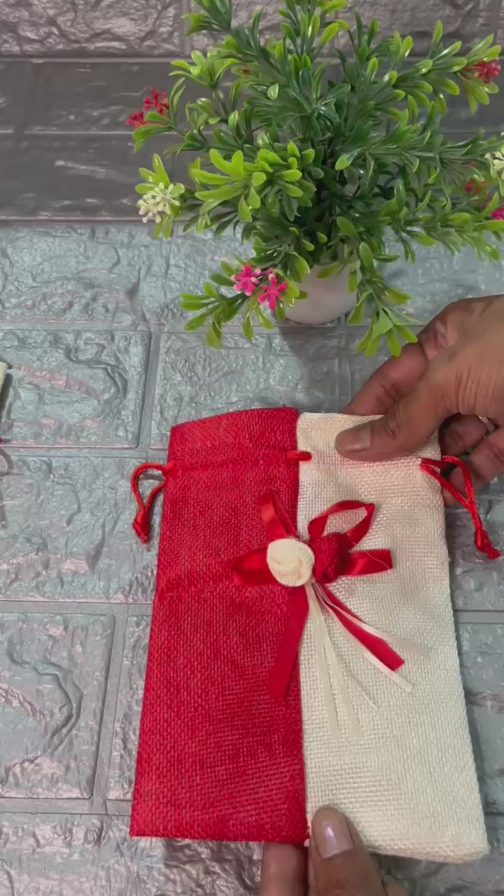 20x24cm| Red & Cream Jute Potli Bag with Floral Accent | Traditional Potli Bag | Wedding Favor Bag | Jewelry Pouch | Floral Accent Gift Bag | Pack of 10