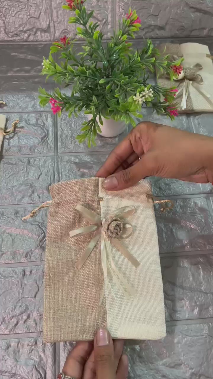 13x18cm| Natural & Cream Jute Potli Bag with Floral Accent | Traditional Potli Bag | Wedding Favor Bag | Jewelry Pouch | Floral Accent Gift Bag | Pack of 10