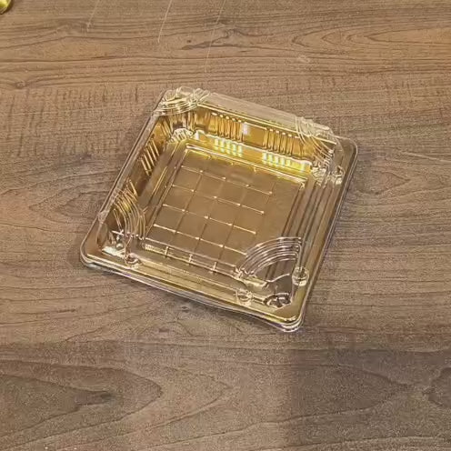 Golden Square PET Dessert Container with Gold and Black Base | Pack of 50