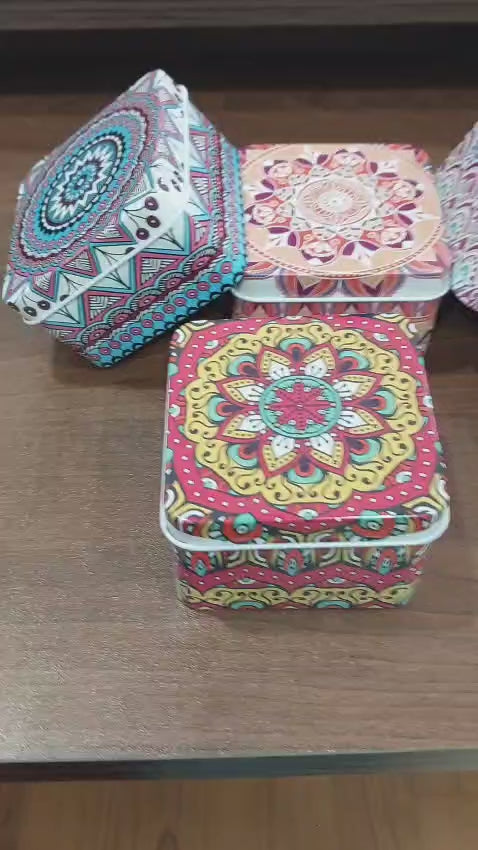6x6x4Cm| Square Mandala Tin Box| Random Print Mandala Tin Box| Pack of 12