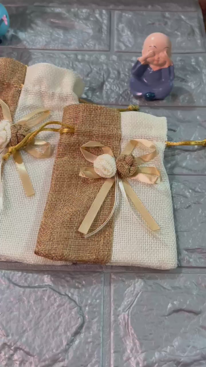 20x24cm| Brown & Cream Jute Potli Bag with Floral Accent | Traditional Potli Bag | Wedding Favor Bag | Jewelry Pouch | Floral Accent Gift Bag | Pack of 10