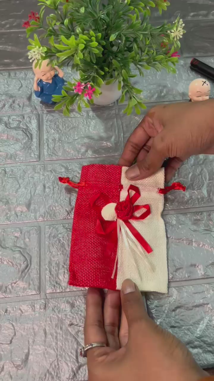 9x13cm| Red & Cream Jute Potli Bag with Floral Accent | Traditional Potli Bag | Wedding Favor Bag | Jewelry Pouch | Floral Accent Gift Bag | Pack of 10