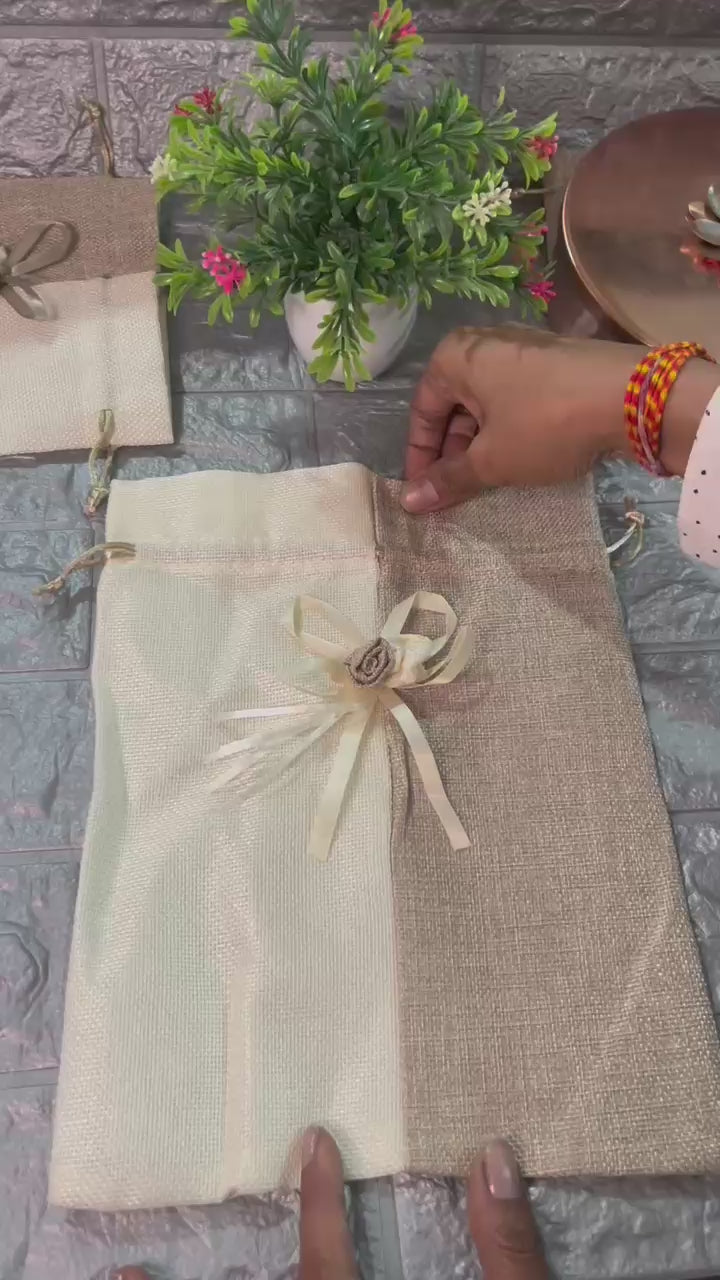 23x30cm| Natural & Cream Jute Potli Bag with Floral Accent | Traditional Potli Bag | Wedding Favor Bag | Jewelry Pouch | Floral Accent Gift Bag | Pack of 10