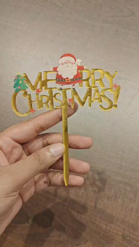 Merry Christmas with Santa and Tree Cake Topper | Golden Color | Christmas Decor | Pack of 5