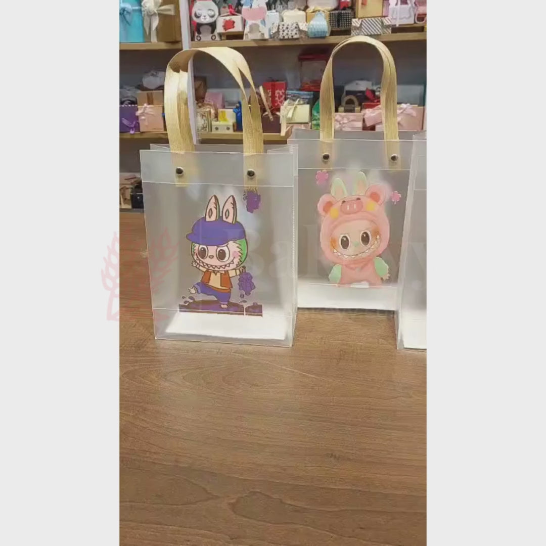 Labubu Print Transparent Bag with Brown Handles| Random Labubu Prints | Pack of 12