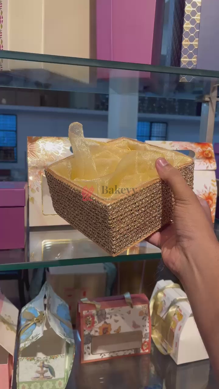 6x6x3 Inch | Golden Diamond Mesh Gift Box with Net  – Premium Return Gift Packaging | Pack  of 1