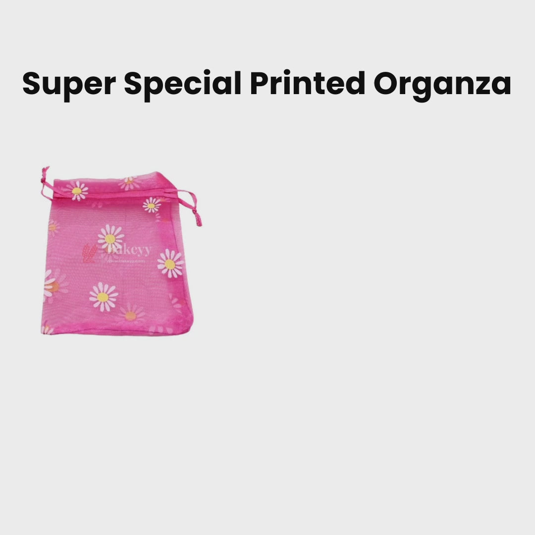 10x14 CM | Floral Design Organza Potli Bags | Pack of 100 | White Color | Candy Bag