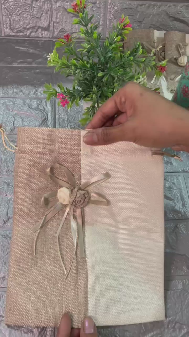 20x24cm| Natural & Cream Jute Potli Bag with Floral Accent | Traditional Potli Bag | Wedding Favor Bag | Jewelry Pouch | Floral Accent Gift Bag | Pack of 10