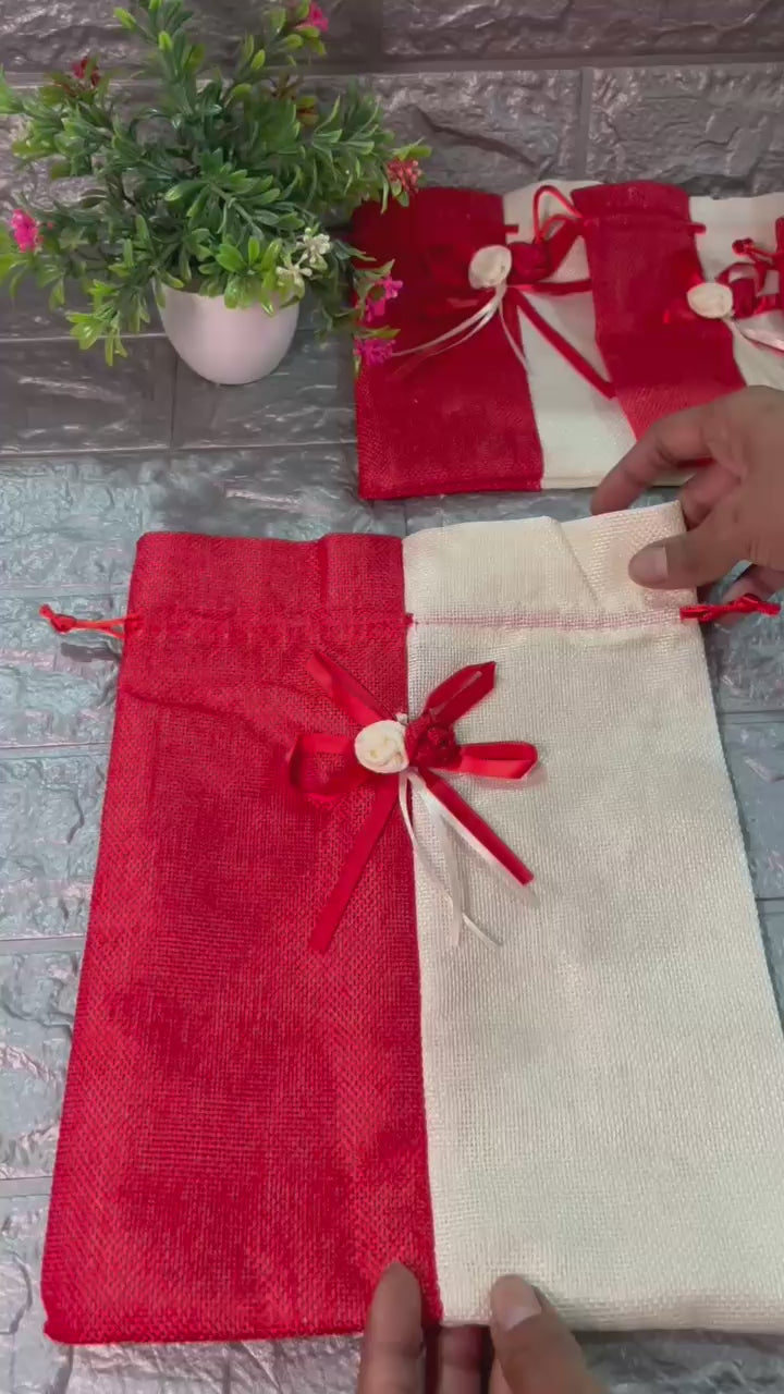 23x30cm| Red & Cream Jute Potli Bag with Floral Accent | Traditional Potli Bag | Wedding Favor Bag | Jewelry Pouch | Floral Accent Gift Bag | Pack of 10