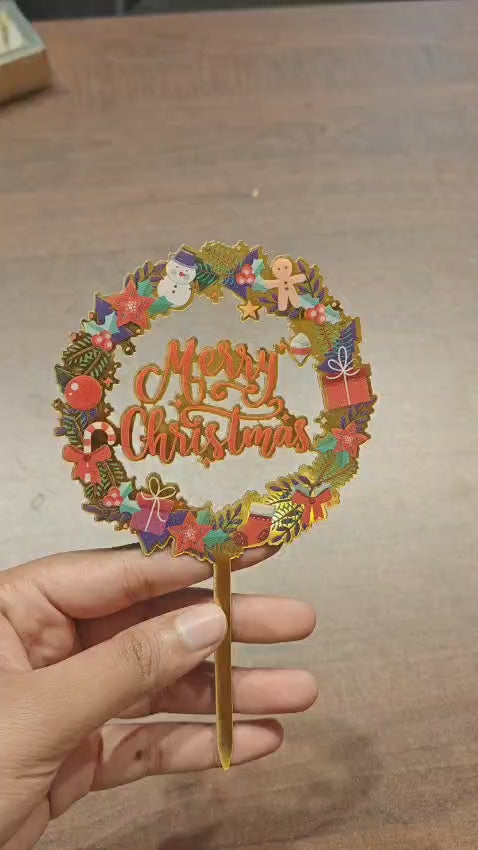 Merry Christmas Wreath Design Cake Topper | Christmas Decor | Pack of 5