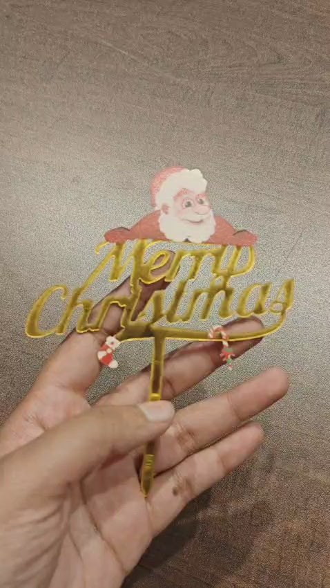 Merry Christmas with Santa Cake Topper | Golden Color | Christmas Decor | Pack of 5
