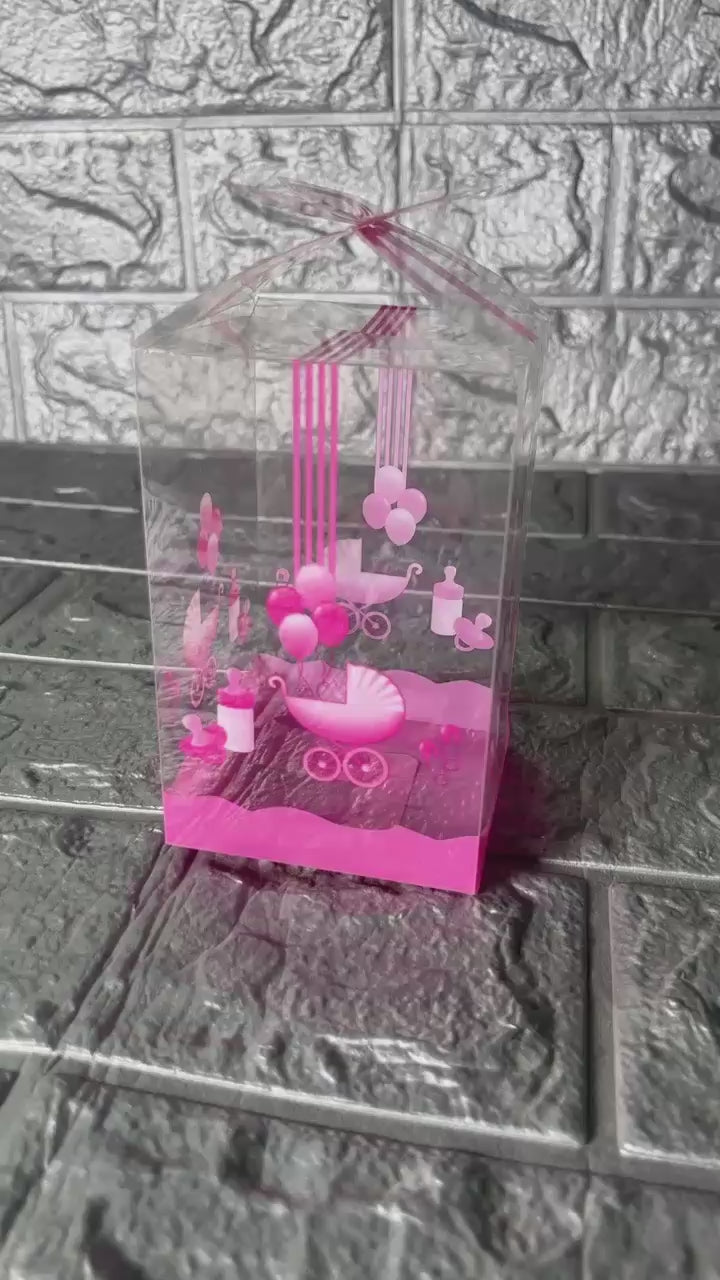 Baby Shower Gift Boxes with Pink Stroller Design | PVC Chocolate Box | Gift Box | Goodie Box |  | Medium | Pack of 10