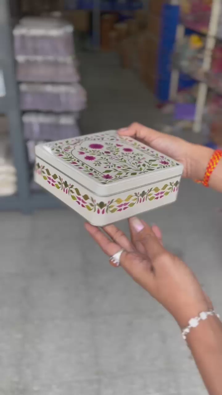 Square Premium Elegant Floral Square Tin Box – Pink & Gold Accents| Pack of 2