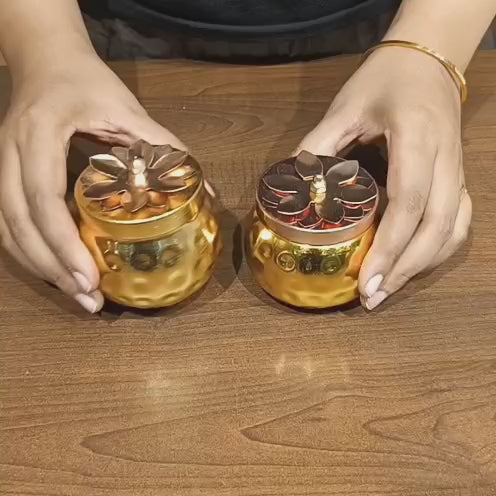 Premium Golden Metal Container with Floral Lid | Festive Decor and Gifting Jar | 2 Size Options | Pack of 1