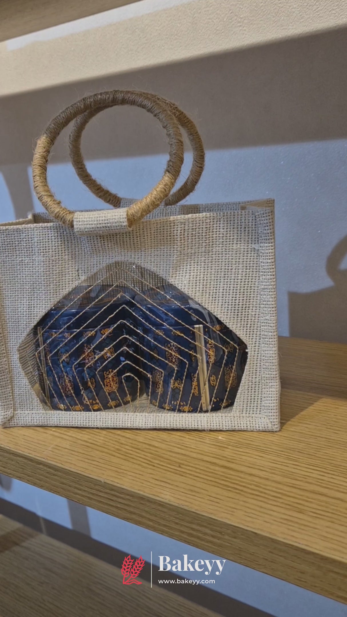 22x10.5x15 cm Beige & Cream Jute Gift Bag with Transparent Window & Round Handles Pack Of 1