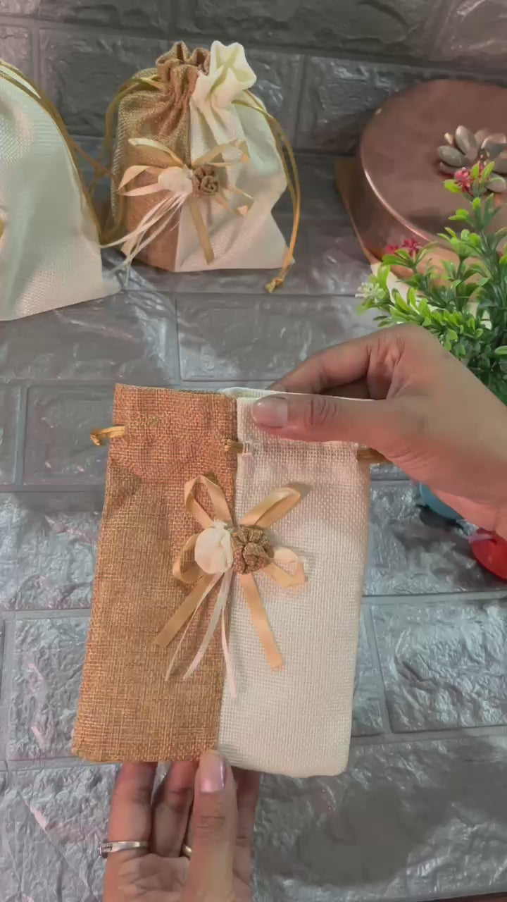 13x18cm| Brown & Cream Jute Potli Bag with Floral Accent | Traditional Potli Bag | Wedding Favor Bag | Jewelry Pouch | Floral Accent Gift Bag | Pack of 10