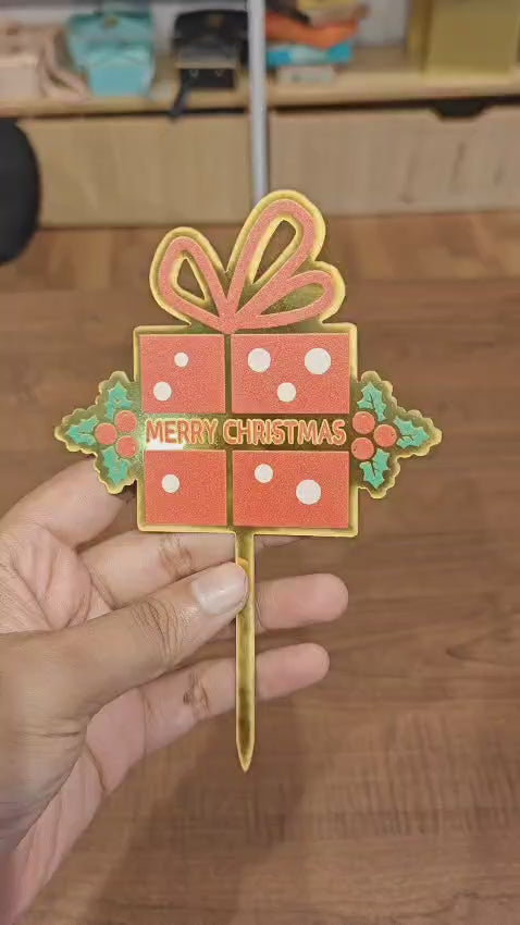 Merry Christmas Gift Box Design Cake Topper | Christmas Decor | Pack of 5