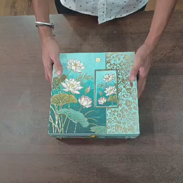 Lotus Printed MDF Hamper Box with 4 Glass Jars | With & Without Chocolate Cavity | Pack of 1
