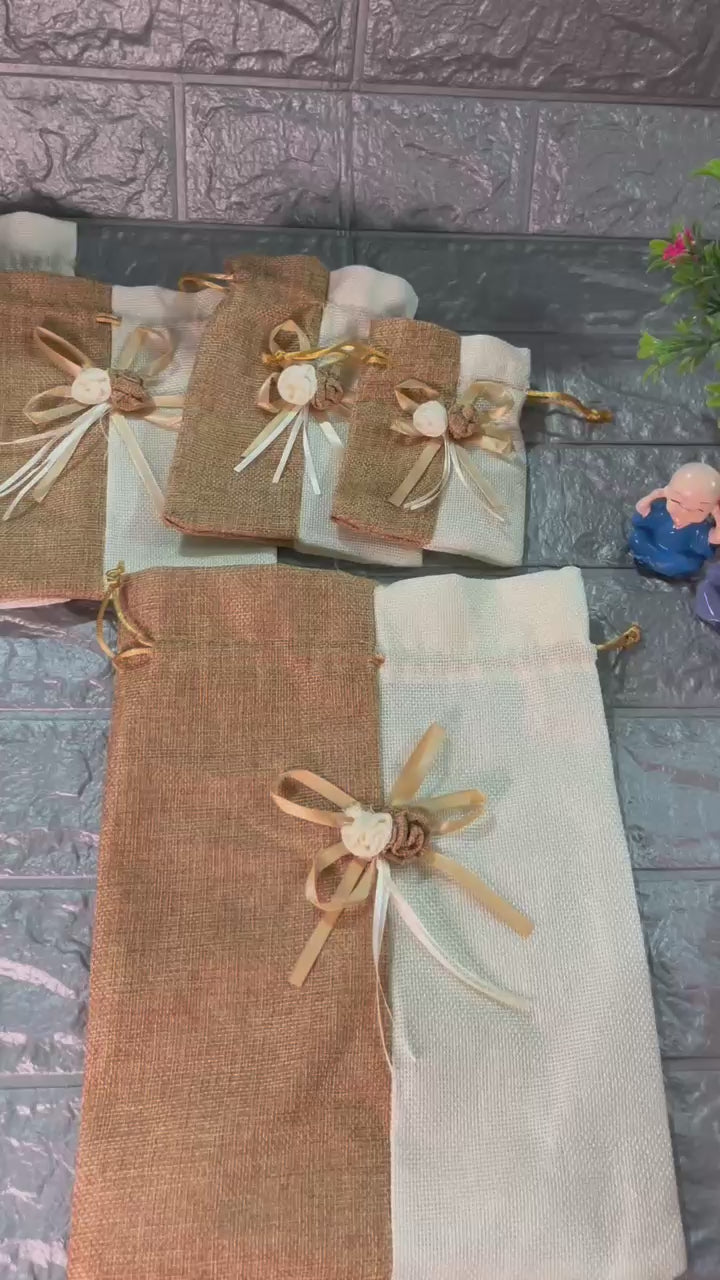 23x30cm| Brown & Cream Jute Potli Bag with Floral Accent | Traditional Potli Bag | Wedding Favor Bag | Jewelry Pouch | Floral Accent Gift Bag | Pack of 10