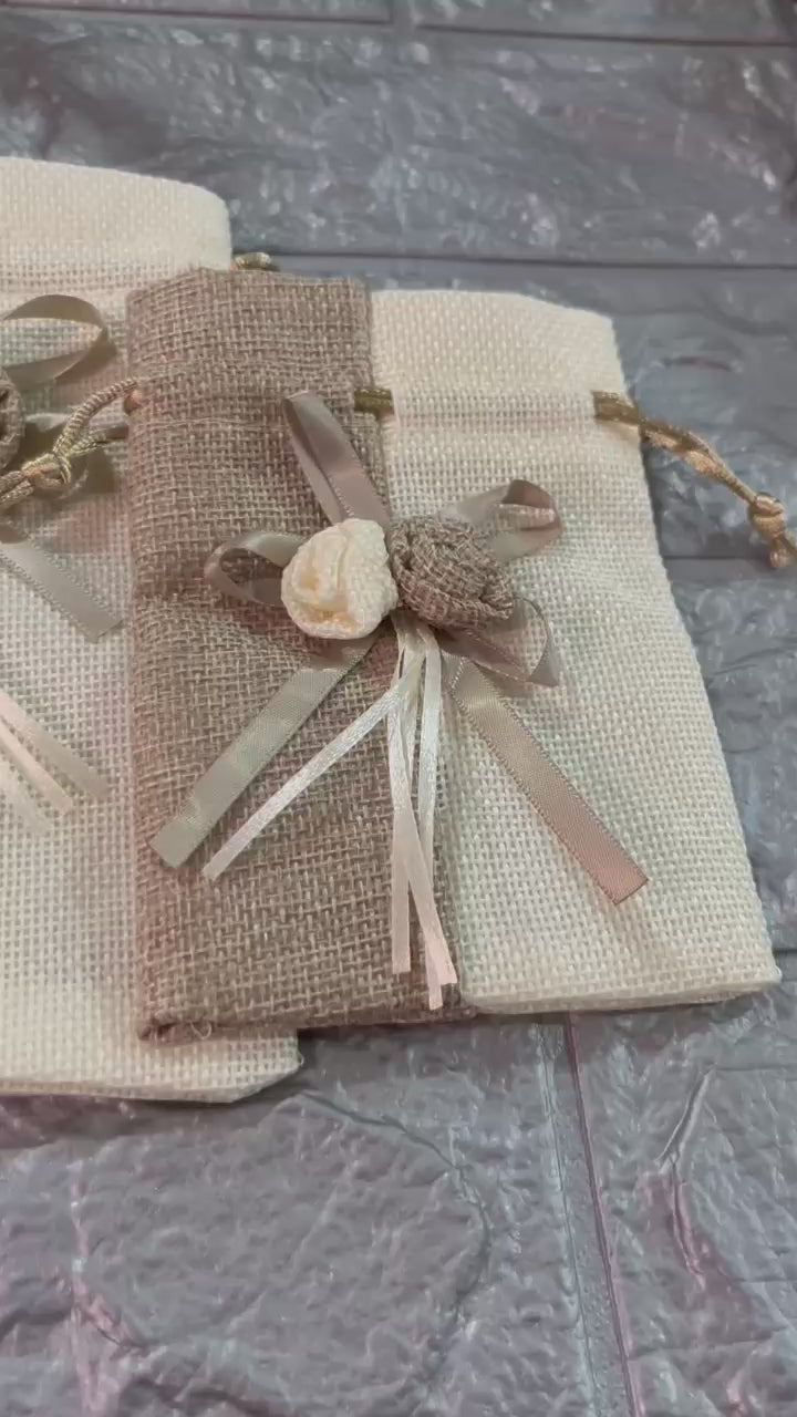 Natural & Cream Dual Colour Jute Potli Bag with Floral Accent | Traditional Potli Bag | Pack of 10