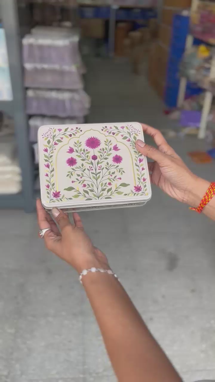 Rectangle Premium Elegant Floral Tin Box – Pink & Gold Accents | Pack of 2