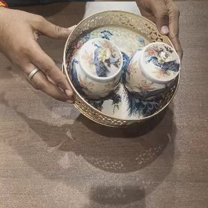 Traditional Peacock Pichwai Metal Basket with 2 Matching Metal Jars
