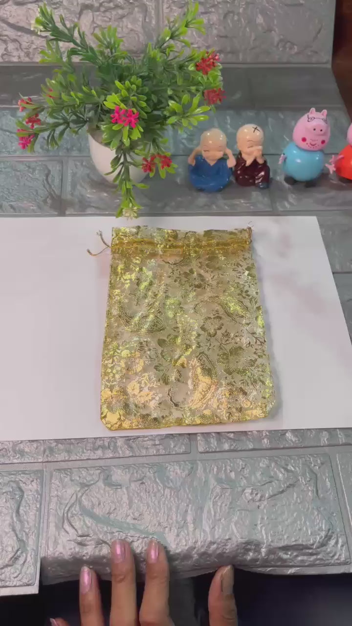 13x18 cm | Printed Organza Potli Bags | Gold Colour with Flower Design | Candy Bag |Pack of 70