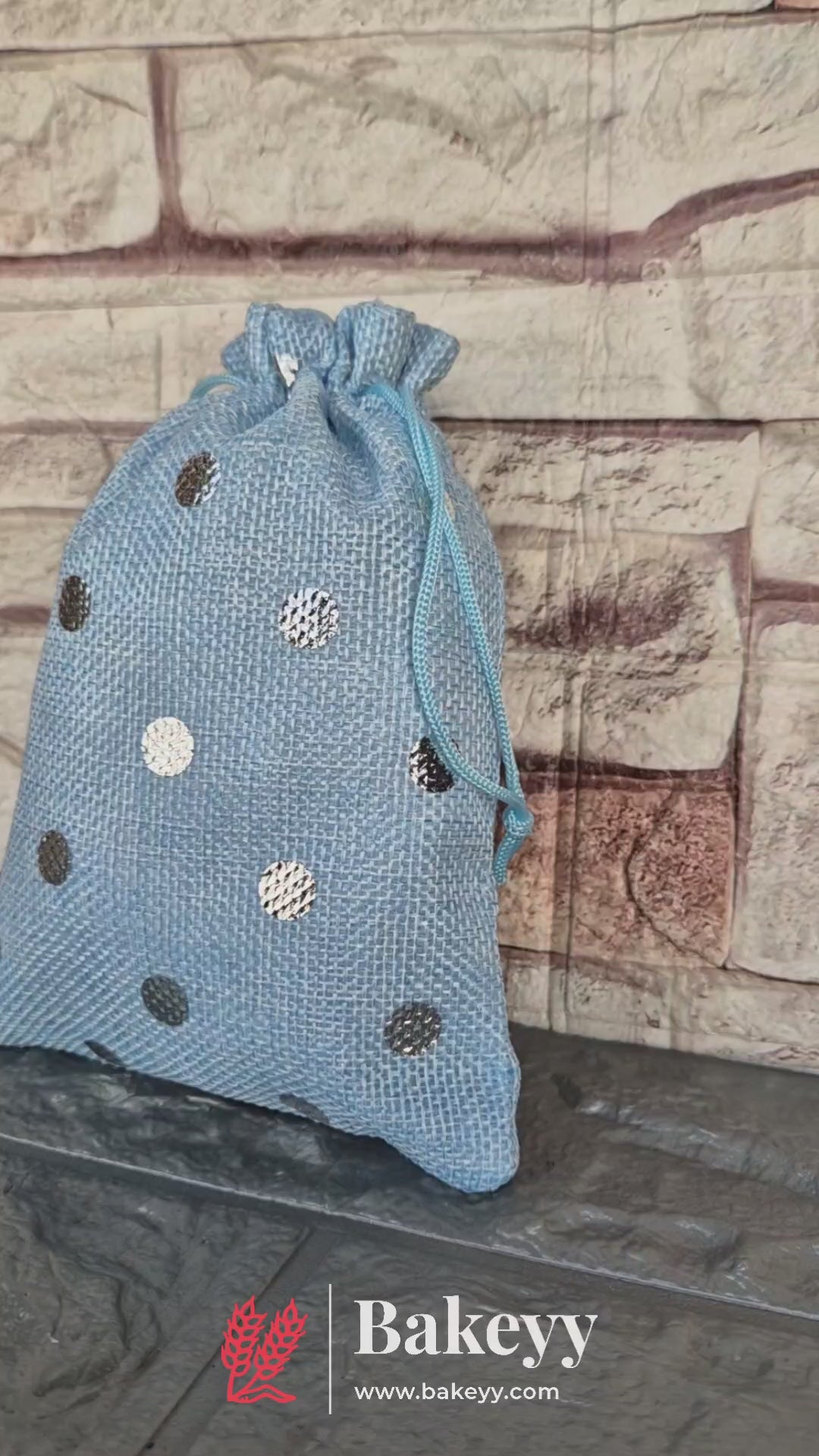 Sky Blue With Silver Dots Premium Colour Jute Potli Bags | Pack Of 10