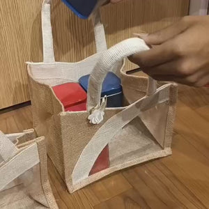 Beige & Cream Jute Gift Bag with Window & Handle | 2 Sizes Available | Pack of 1