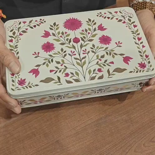 9x5.5x2 Inch | Premium Elegant Rectangle Floral Square Tin Box – Pink & Gold Accents | Pack of 2