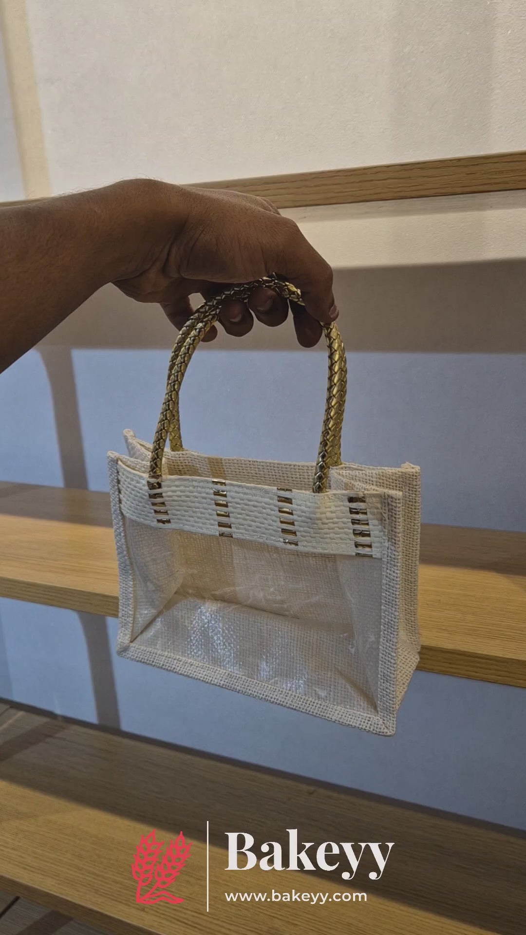 21x10x16 CM | Cream 2 Jar Ethnic Jute Gift Bag with Front Window & Golden Handle – 1 Piece
