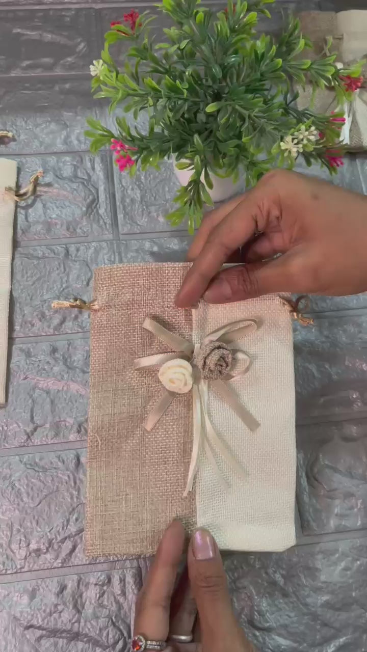 9x13cm| Natural & Cream Jute Potli Bag with Floral Accent | Traditional Potli Bag | Wedding Favor Bag | Jewelry Pouch | Floral Accent Gift Bag | Pack of 10