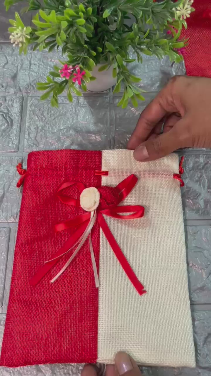 15x20cm| Red & Cream Jute Potli Bag with Floral Accent | Traditional Potli Bag | Wedding Favor Bag | Jewelry Pouch | Floral Accent Gift Bag | Pack of 10