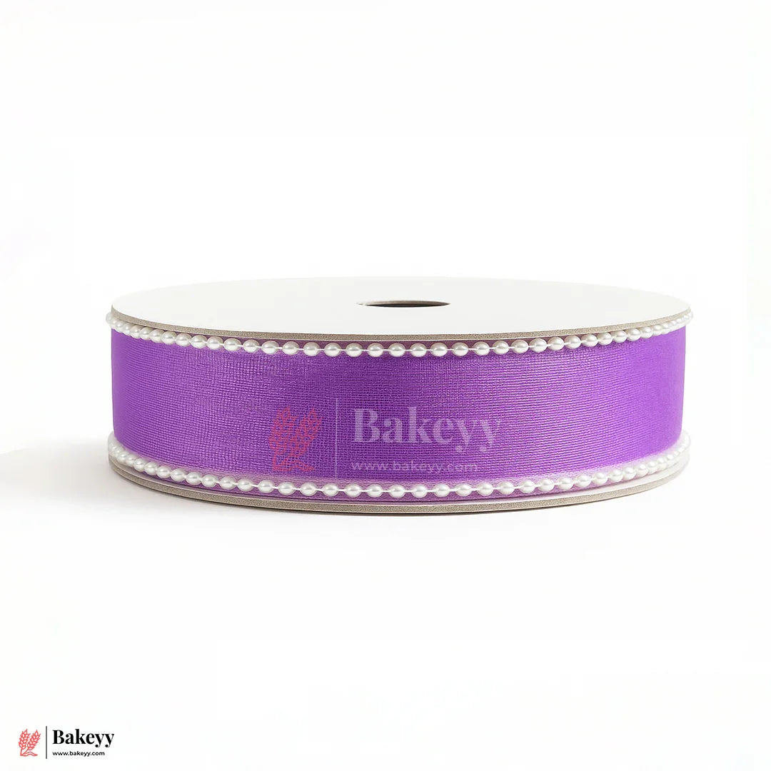 11651 |  9mtr Purple Net Ribbon with Double Pearl Edging – Decorative Roll for Bouquets, Gift Wrapping & Crafts