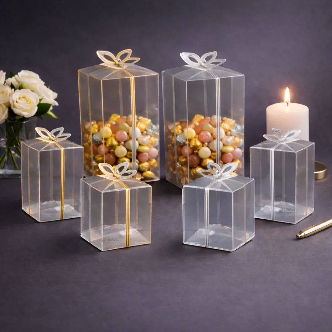Transparent PVC Gift Box with Gold & Silver Bow Top | Premium Clear Goodie Box | 3 Sizes Available | Pack of 10