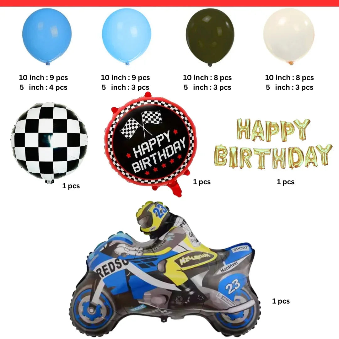 Complete racing theme decoration kit
Mix of foil and latex balloons for layered decor
Ideal for bike, car, and racing themed birthdays
Perfect for wall backdrops, cake tables, and photoshoots