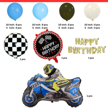Complete racing theme decoration kit
Mix of foil and latex balloons for layered decor
Ideal for bike, car, and racing themed birthdays
Perfect for wall backdrops, cake tables, and photoshoots