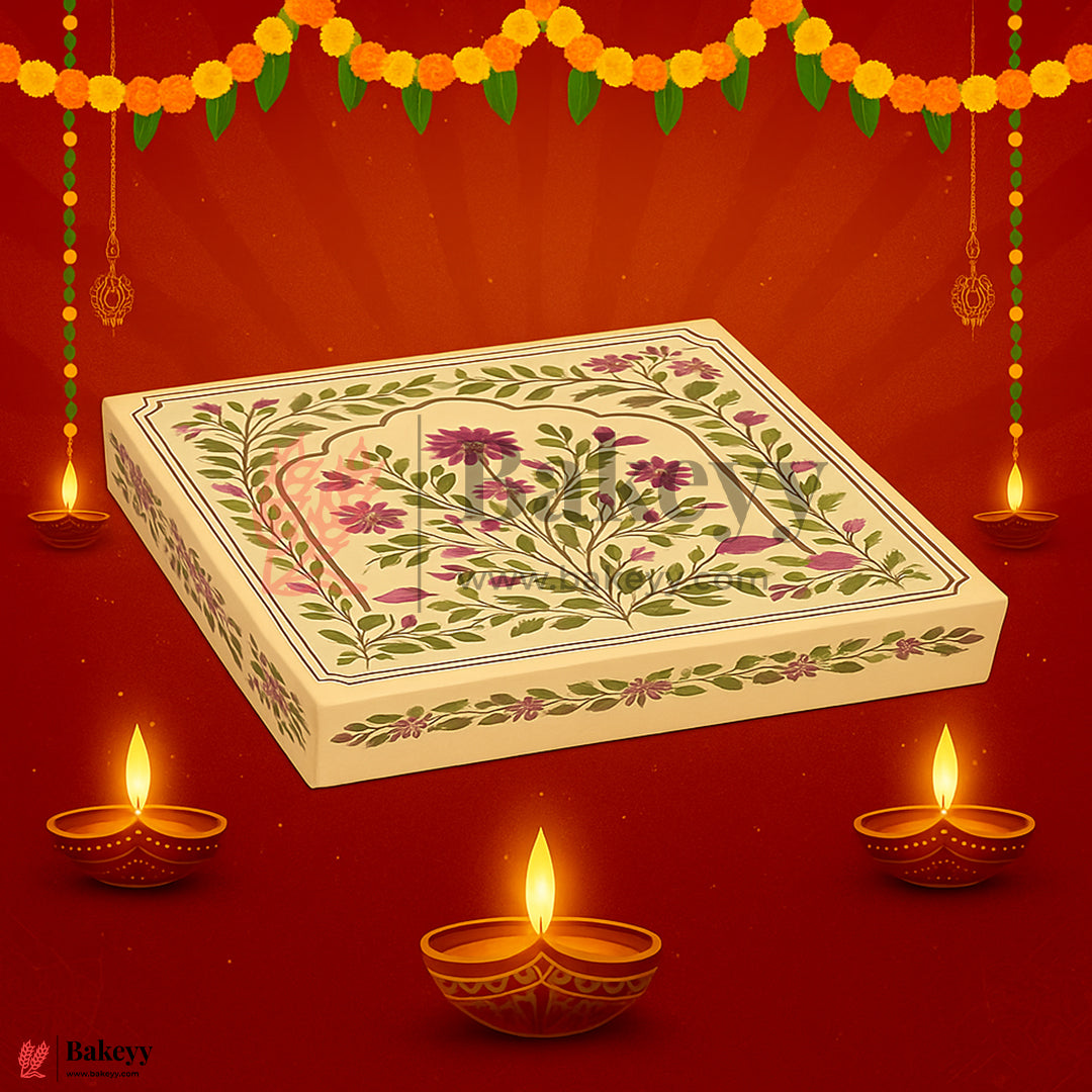 500 GM Sweet Box | 7.5x6x1.5 Inch | Elegant Floral Rectangle Gift Box with Golden Tray| Pink & Gold Accents 1 Piece