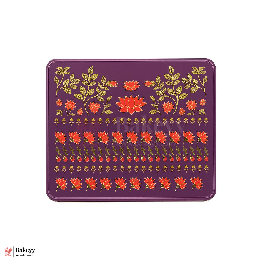 Premium Floral Printed Rectangle Tin Box | Purple With Floral Printed – 7x6x2 inch | Gift Box for Chocolates, Dry Fruits, Sweets| Pack Of 2