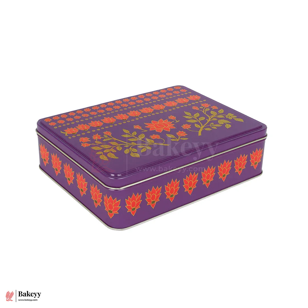 Premium Floral Printed Rectangle Tin Box | Purple With Floral Printed – 7x6x2 inch | Gift Box for Chocolates, Dry Fruits, Sweets| Pack Of 2