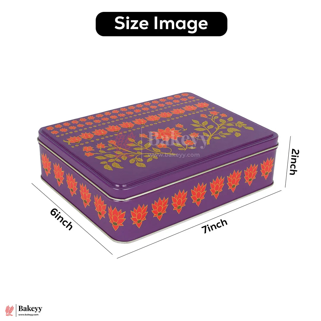Premium Floral Printed Rectangle Tin Box | Purple With Floral Printed – 7x6x2 inch | Gift Box for Chocolates, Dry Fruits, Sweets| Pack Of 2